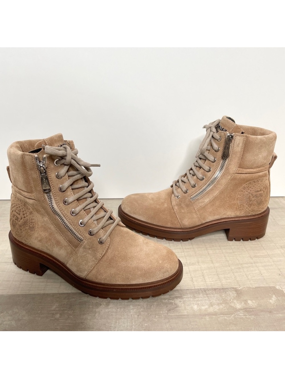 Balmain Beige Suede Lace-Up Ankle Boots with Side Zipper